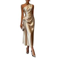 Yousheng Women's One Shoulder Satin Prom Dress Summer Sleeveless Party Cocktail Midi Dress Ruched Bodycon Evening Wedding Guest Dress M chaki