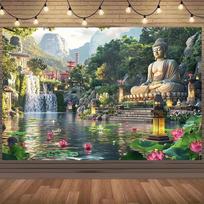 2D Zen Temple Background Cloth Buddha Statue, Waterfall and Glowing Lanterns Decor 47.2x31.5inch/120*80cm white