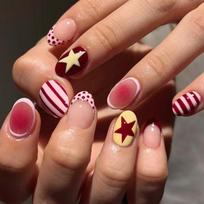 24Pcs Y2K Short Almond Press On Nails Striped Star Wave Dot French Tip Blush Smudge Fake Nails black