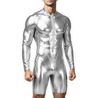 Vyriškas blizgus metalinis vientisas maudymosi kostiumas Kombinezonas su aukštu kaklu, ilgomis rankovėmis ir trumpomis kojomis Bodysuit klubui, diskotekai, gimnastikos vakarėliui 3XL auksas