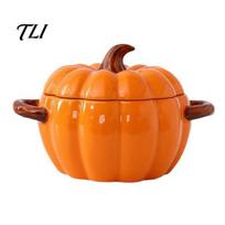 Modern Ceramic Soup Crock Dutch Oven Pot with Lid, Pumpkin Pottery Dessert Saucepan, Double-Ear Mini Multi Purpose Food Container Baking Dish, S orange
