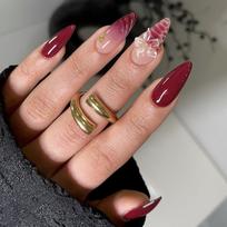 Burgundy Press On Nails, Red French Tip Press On Nails with 3D Floral Design, 24Pcs Artificial Nails Kit with Jelly Glue, Salon-Quality Manicure brown