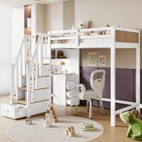 Bunk bed, with color-contrasted fall protection railing, desk with 3 drawers, 4-step ladder cabinet, open shelf, pine+MDF, white+natural, 90x200cm 205 x 153.5 x 166 cm