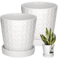 KOTARBAU® 2 pcs. Round White Flower Pot 13 cm Flower Pot with Saucer Glazed Ceramic Flower and Herb Pot Plant Cover