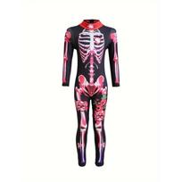Female Ghost Bride Jumpsuit Printed Skeleton Rose Dressup Costume Horror Theme Party Halloween Girls Trendy Parent-Child Costume Kids 120 rožinė raudona spalva