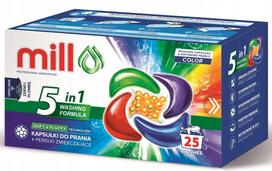 Skalbimo kapsulės spalvotiems drabužiams MILL PRO 5k, 25 vnt. + minkštiklio perlai, 2 pakuotės