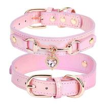 Luxurious Bling Heart Dog Collar Adjustable PU Pet Collar with Rhinestone Pendant Cute Durable Puppy Necklace Pet Accessories (Pink,XS(21-27cm)) rožinė