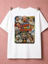 Unisexs Tshirt Carry On Camping Tshirt Classic British Comedy Film Poster Collage Retro Cinema Cast And Campsite Graphic S white