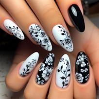 24Pcs Almond Press On Nails Black And White Floral Print Full Cover False Nail Tips For Women And Girls white
