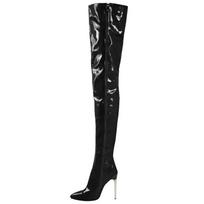 Moteriški lakinės odos batai Seksualūs batai virš kelių Metaliniai stiletto kulnai Priglundantys vakarėlio batai Batai iki kelių Dideli dydžiai 45 46 47 48 35 juoda