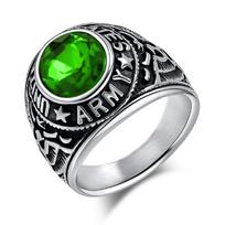 American Bald Eagle Retro Titanium Steel Ring Marine Army Diamonds Imitation Gemstone Eagle Vulture Ring 7 žalia