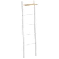 Kopėčių tipo rankšluosčių laikiklis su viršutine lentyna ir 4 strypais, vonios rankšluosčių laikiklis, remiamas į sieną, 43x20x151 cm, baltas ir ąžuolo spalvos 43 x 20 x 151 cm