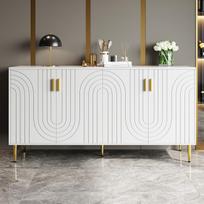Baltas bufetas (152 x 40 x 75 cm) su unikaliu banguotu dizainu bei auksinėmis rankenėlėmis ir kojelėmis elegantiškam valgomajam 152 x 40 x 75 cm balta