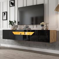 180*37*36cm Blizgus televizoriaus staliukas su LED apšvietimu, montuojamas ant sienos, tinkamas 75 colių televizoriui, 3 laikymo skyriai, juodas + natūralios medienos spalva 180 x 37 x 36 cm