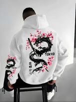 Japanese Dragon Sakura Katana Theme Men Hip Hop Sports Hooded Sweatshirt,retro oriental art graphic,comfy loose fit for casual sports outing. S balta