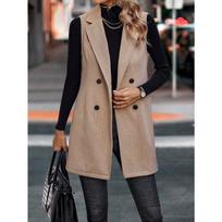 Women's Lapel Sleeveless Vest Slim Fit Herringbone Double Breasted Mid Length Wool Blend Suit Waistcoat S abrikosas