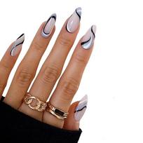 Secret Lives Premium Press on Nails Reusable Artifical Designer Fake Nails Extension Almond Shape with Blue and White Geomatric Lines 24 Pieces Set brown