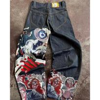 Y2K Gatvės stiliaus laisvi džinsai vyrams - Hip Hop Harajuku Retro laisvo kirpimo tiesios klešnės su siuvinėjimu Small black
