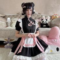 Chinese style maid outfit cosplay new Chinese cheongsam hollow dress cute maid uniform set S gray