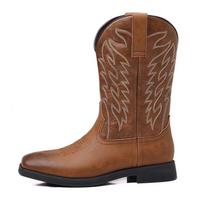 New Handmade Men Cowboy Boots Embroidery Western Sneaker Pointed-toe Mid-calf Male Boots Slip-on Men Riding Boots 38 brown