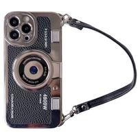 Creative Luxury 3D Retro Camera Phone Case for Iphone 14 13 12 11 Pro Max 14plus Cute Soft Tpu Phone Case Lanyard Back Cover iPhone14Pro žalia