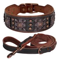 Real Leather Dog Wide Collar Leash Set Durable Padded Big Dog Collars Luxury Metal Rivet Pet Necklace With Rope for Dogs Pitbull L ruda