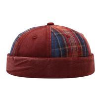 Fashion Vintage Brimless Docker Cap Washed Rolled Cuff Dome Hat Adjustable Cotton Melon Beanie Cap Street Wear raudona
