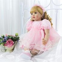 NPK 60 CM Atgimusi mažylė, garbanotų šviesių plaukų princesė rožiniu sijonu, kolekcinė lėlė, gyva kūdikis beige