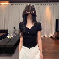 Design-Sense American Spicy Girl V-Neck Short Sleeve Slimming Summer Top XL (58-65 kg) juoda