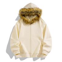 Amerikietiško retro stiliaus su gobtuvu ir kailine apykakle šildantis megztinis su užtrauktuku vyrams ir moterims 2XL abrikosas