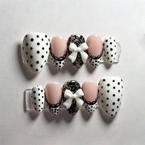 24PCS Sweet White French Press on Nails Cute Black Polka Dots Lace Pattern French False Nails Cute 3D Bowknot Wearable Nail Tips gray