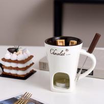 European Ceramic Chocolate Fondue Pot with Forks for Candle Heating 101-200 ml white