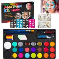 BRAINLE Kids Face and Body Paint Kit: Water-Based, Non-Toxic, 20-Color Oil Palette with 3 Glitters, 2 Hair Chalk Combs, 2 Paint Brushes, 32 Stencil gray