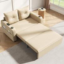 3-in-1 miegamoji sofa, ištraukiama sofa-lova, dvigulė sofa su puodelio laikikliu, šoninėmis kišenėmis, pagalvėmis ir USB prievadu, modernaus dizaino, smėlio spalvos.[Senas SKU:N653P8156A] 131 x 81 x 94 cm smėlis