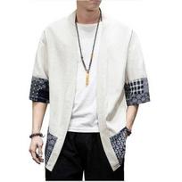 Vyriški japoniški megztiniai kimono, laisvi medvilniniai lininiai 3/4 rankovėmis priekyje, laisvalaikio vasariniai marškiniai S smėlis