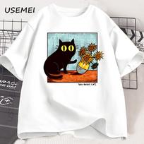 Van Gogh Cat Graphic T Shirts Men Women Flower Black Cat T-shirt Round Neck Cotton Short Sleeve Trendy Tee Shirt Streetwear S black