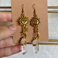 Natural Quartz Crystal Earrings With Sun And Moon Geometric Design For Fashionable Office Wear brown