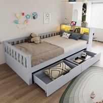 Daugiafunkcinė medinė lova 90 × 200 cm, su stalčiais, lentyna ir saugykla, su elektros lizdu ir LED apšvietimu, apsauginis turėklas, viengulė lova, pilka 225 x 94.5 x 85 cm pilka