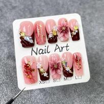 Handcrafted Press-On Nails With Nude Pink Wine Red French Ombre Floral Shell 3D Embossed Design Small white