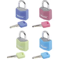 Master Lock 9120EURQCOLNOP 20 mm kieto aliuminio spynų rinkinys 4 vnt. (mėlyna, žalia, rožinė, violetinė)