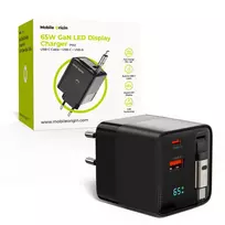Mobile Origin 65W GaN Įkroviklis su USB-C ištraukiamu kabeliu ir USB-A prievadu, 75 cm