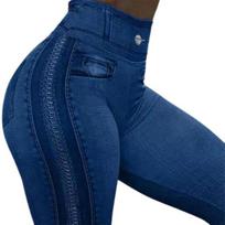 Dekoratyvinės kišenės Skinny Imitation Džinsai Antblauzdžiai Klubai Lifting Užtrauktukas Spausdinti Aukštu Liemeniu Elastinės Kelnės sportui 2XL tamsiai mėlyna spalva
