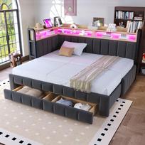 Apmuštas miegamasis sofa 90/180×200 cm, Ištraukiama dalis, Sandėliavimo stalčiai, Lentyna, Skyreliai, LED apšvietimas, USB ir Type-C jungtys, Tamsiai pilkos spalvos aksominis audinys 211 x 105 x 90 cm tamsiai pilka spalva