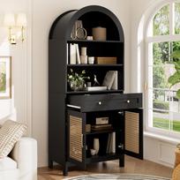 Modern Arched Display and Storage Cabinet, 170 cm High, Rattan Doors, 3 Compartments + 2 Doors + 1 Drawer, Black + Wood Look, 70 × 40 × 170 cm. 70 x 40 x 170 cm