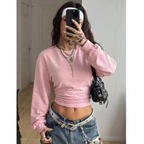 Fall/Winter New Style Women's Short-Sleeved Tight-Fitting Spice Girl Crop-Neck Solid Color Sweatshirt S rožinė