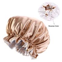 Reversible Double Layer Turban Hat Bonnet Elastic Satin Smooth Night Sleep Cap chaki