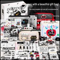 Deluxe Black Cat Stationery Gift Box - Study Supplies & Birthday Gift Set 8-Layer Cat Pencil Case [Upgraded Set] gray