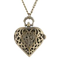 Romantic Heart Shape Quartz Pocket Watch Bronze/Silver/Black Necklace Pendant Chain Ladies Watch Souvenir Gifts for Girls Women bronza