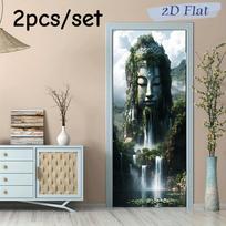 2pcs Zen landscape Buddha head wall stickers, Chinese classical entrance decoration stickers, self-adhesive waterproof living ro (as the picture,38.5x200cmx2) black
