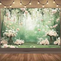 Boho Garden Wedding Backdrop, Vase Floral Arrangements & Hanging Roses Photo Banner for Events 82.7x59inch/210*150cm white